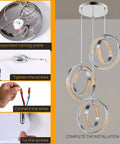 Installation steps for Sleek Modern LED Chandelier With Six Ring Chrome Pendant Light, including wiring and mounting instructions.