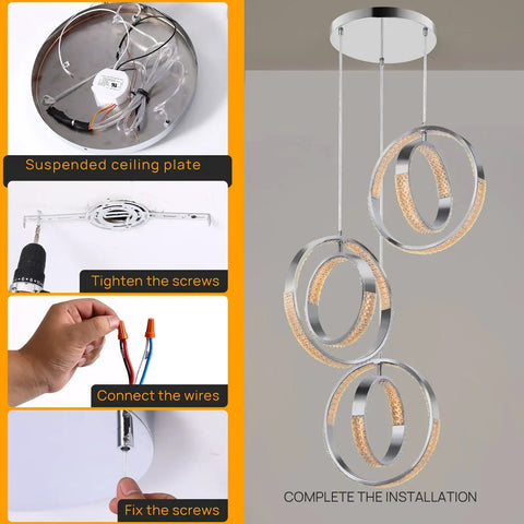 Installation steps for Sleek Modern LED Chandelier With Six Ring Chrome Pendant Light, including wiring and mounting instructions.