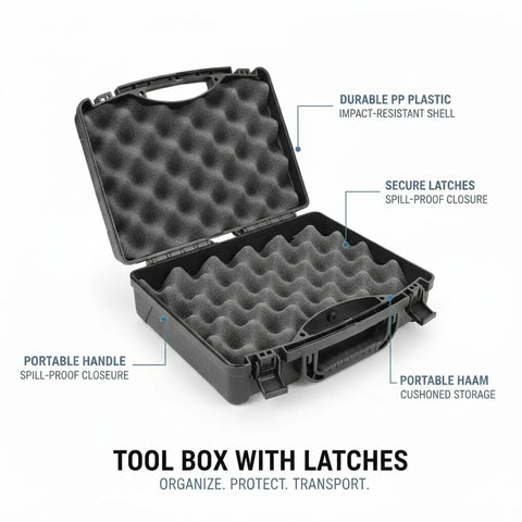 Open Grab And Go Portable Plastic Tool Box With Locking Latches For Secure Travel And Easy Organization Of Hardware Screws Nails Drill Bits And Small Parts In A Sturdy Black Storage Case