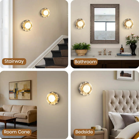Alabaster Wall Sconce, 7.5" Natural Marble Wall Lamp with Milk Glass Shade in various room settings.