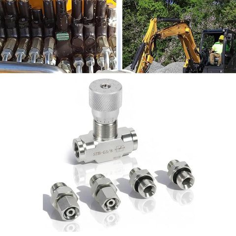 Stb G Three Eighths Inch Hydraulic Flow Control Valve With L08 M14 Connection for Excavator, alloy steel, visible with fittings