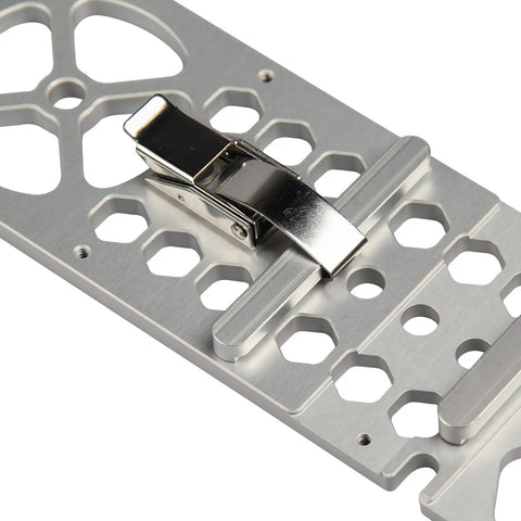 Close-up of CNC machined aluminum Pro Grade Right Angle Saw Guide Rail Stop with quick clamp for 260mm track saws.