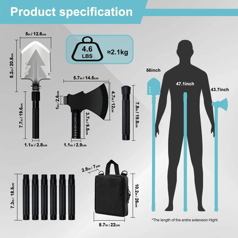 Product specification of All In One 20 In 1 Multitool Survival Kit With Shovel Axe Hatchet And Trekking Pole and dimensions overview.