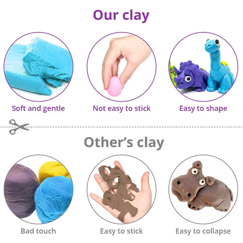 Comparison of colorful clay kit with 24 colors and 3 sculpting tools versus regular clay showing texture and usability differences