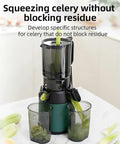 WKNHHL 300W Professional Slow Cold Press Masticating Juicer With Wide 13 Inch Feeding Chute For Whole Fruits And Vegetables Electric Juice Extractor High Torque Low Noise Quiet Operation Max Nutrient Retention Easy Clean Design Home Kitchen Essential squeezing celery into two containers with clean, modern design.