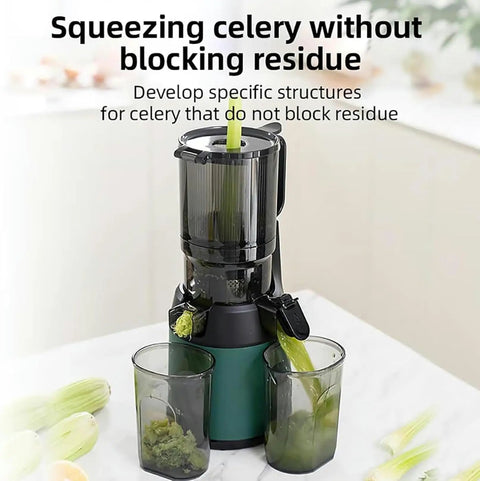 WKNHHL 300W Professional Slow Cold Press Masticating Juicer With Wide 13 Inch Feeding Chute For Whole Fruits And Vegetables Electric Juice Extractor High Torque Low Noise Quiet Operation Max Nutrient Retention Easy Clean Design Home Kitchen Essential squeezing celery into two containers with clean, modern design.