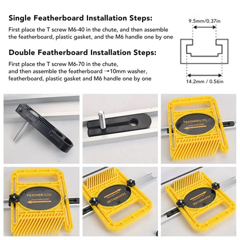 Step-by-step installation guide for Kickback Buster 2 Pack Adjustable Featherboards For Table Saws Router Tables And Band Saw Fences Keep Your Cuts Hella Smooth With Rock Solid Feeder Guides Yellow.