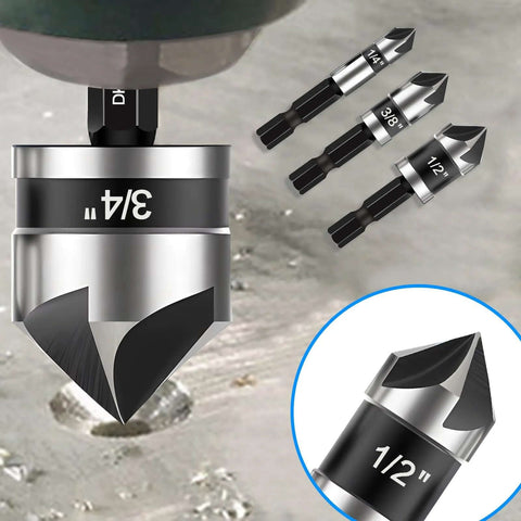 Amazon 5-pc countersink drill bit set, 82°, 5-flute, 1/4" quick-change hex shank, sizes 1/4–3/4" for metal/wood/plastic