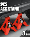 Two red 3-ton DNA Motoring jack stands under a car, side view