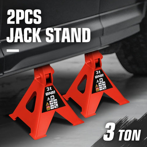 Two red 3-ton DNA Motoring jack stands under a car, side view