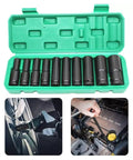 10 Piece Heavy Duty Impact Socket Set With Hex Heads Made From Premium Chrome Steel For Electric Wrenches And Pneumatic Drills In Auto Repair Or Home Jobs, green case