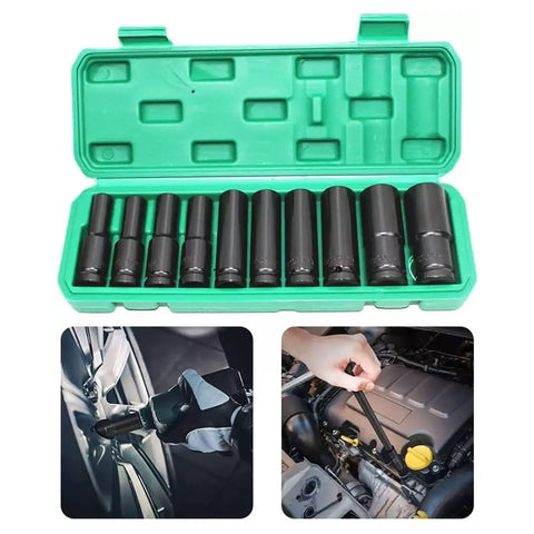 10 Piece Heavy Duty Impact Socket Set With Hex Heads Made From Premium Chrome Steel For Electric Wrenches And Pneumatic Drills In Auto Repair Or Home Jobs, green case