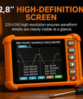 Handheld Oscilloscope With Probe Kit showing waveform on 2.8 inch TFT screen, 500kHz Bandwidth, USB rechargeable, orange casing