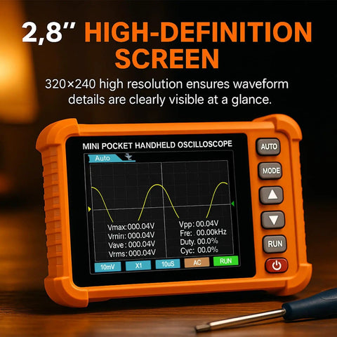 Handheld Oscilloscope With Probe Kit showing waveform on 2.8 inch TFT screen, 500kHz Bandwidth, USB rechargeable, orange casing