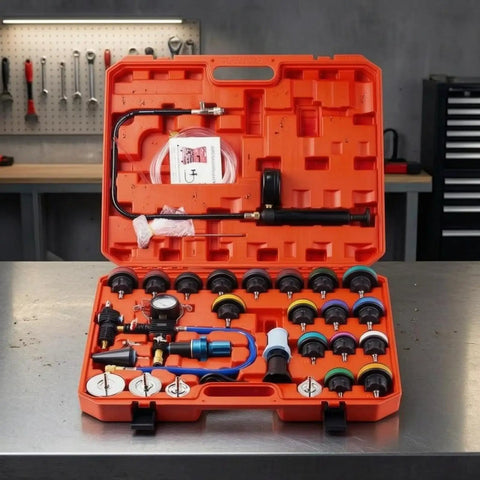 Complete Etyldya Cooling System Tester Set With Radiator Pressure Test Kit Gauge And Coolant Filling Pump Adapter. Essential 34-Piece Auto Care Tool For Home Garage Mechanics And Professional Service Stations. Durable Nylon Design Ensures Long-Lasting
