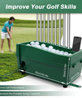 Cordless Golf Ball Dispenser With 100 Ball Capacity And Auto Tee Machine Replacement Swing Trainer With Nine Club Jacks And Phone Stand Boss Level Adjustable Stand Height For Indoor Practice And Driving Range Simulations, shown with dimensions and golf balls inside.