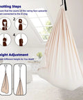 Kids Sensory Swing Chair For Indoor And Outdoor Chill, Cuddle Hammock Therapy Seat setup instructions shown, cream color.