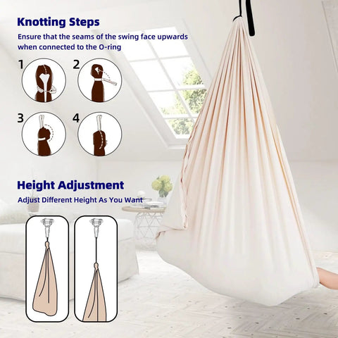 Kids Sensory Swing Chair For Indoor And Outdoor Chill, Cuddle Hammock Therapy Seat setup instructions shown, cream color.