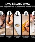 5 Piece Spring Loaded Woodworking Kit No Hammer Needed With Nail Starters Chisel Center Punches Self Centering Punch Compact Hammerless Tools displayed