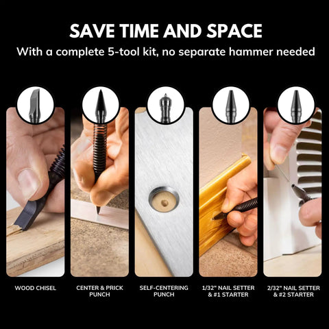 5 Piece Spring Loaded Woodworking Kit No Hammer Needed With Nail Starters Chisel Center Punches Self Centering Punch Compact Hammerless Tools displayed