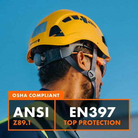 Worker wearing Lightweight Work Ready Helmet Hard Hat For Construction OSHA Compliant ANSI Z89.1 Type 1 Class C
