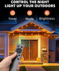 Outdoor String Lights 100Ft Remote Dimmable highlighting remote features in front of illuminated house at night, low voltage 24V.