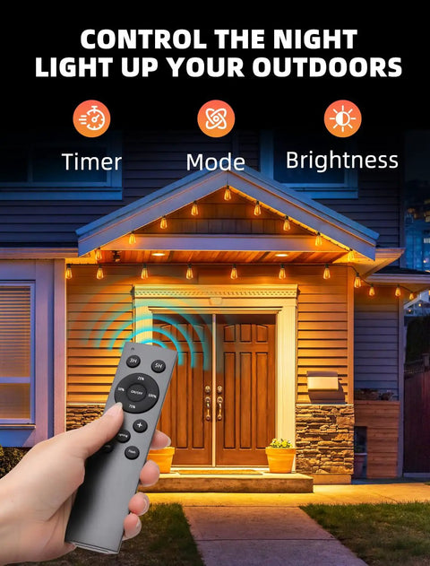 Outdoor String Lights 100Ft Remote Dimmable highlighting remote features in front of illuminated house at night, low voltage 24V.