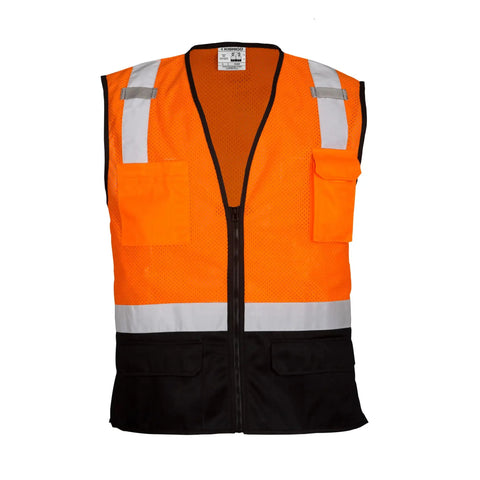 Men's High Visibility Reflective Safety Vest With Black Bottom Mesh, Ansi 107 Type R Class 2 Cert, Zipper Front, Orange Roadwork And Utility Gear, Solid Mesh Build Slays Stains And Keeps You Fresh, front view with pockets.