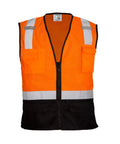 Men's High Visibility Reflective Safety Vest With Black Bottom Mesh, Ansi 107 Type R Class 2 Cert, Zipper Front, Orange Roadwork And Utility Gear, Solid Mesh Build Slays Stains And Keeps You Fresh, front view with pockets.