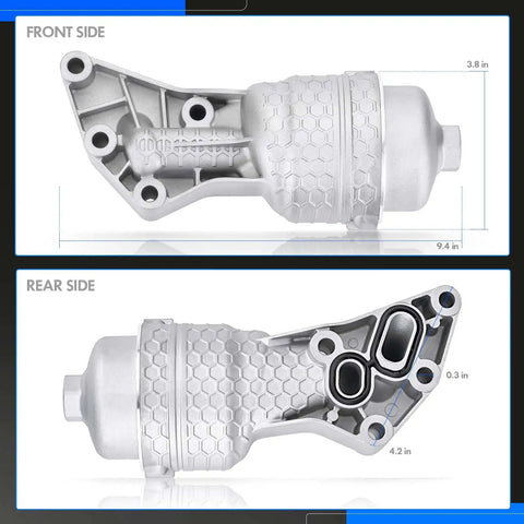 Front and rear view of Premium Aluminum Oil Filter Assembly Kit With Seal Ring And Top Shell Bolt-On Replacement For OEM 26300-3LAA0