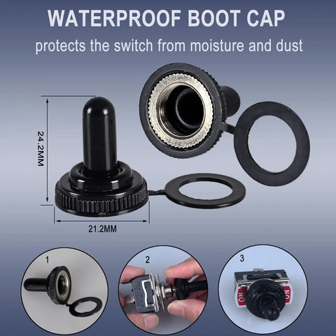 Heavy Duty Rocker Switch 0-250V 15A DPDT 6 Pins 3 Positions On Off On Latching With Waterproof Boot Cap Pre Wired Cables For Auto Car Truck Boat Marine, 24.2mm cap