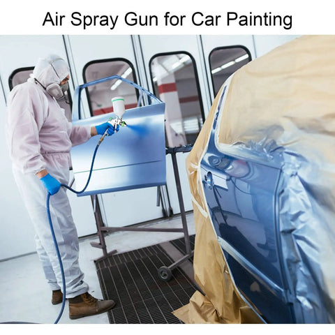 Hvlp Gravity Feed Paint Sprayer Gun Featuring 1.4mm Tip Plus Replaceable 1.7mm And 2.0mm Nozzles delivering a smooth finish on a car door.