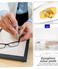 Person using eyeglass repair kit with screws, nose pads, screwdriver, cleaning cloth, and versatile eyewear accessories.