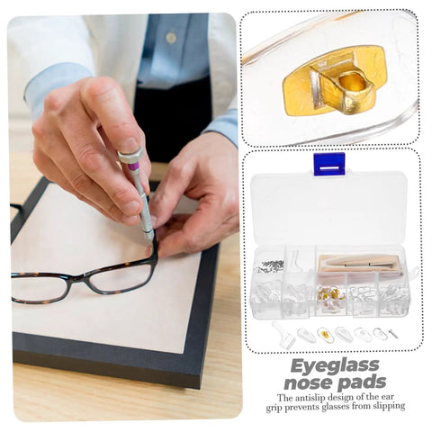 Person using eyeglass repair kit with screws, nose pads, screwdriver, cleaning cloth, and versatile eyewear accessories.