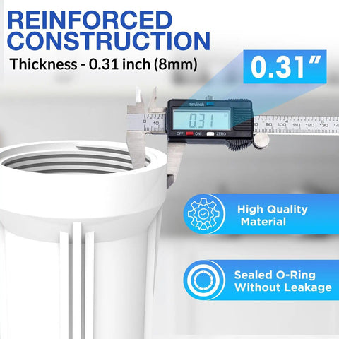 Universal 10 Inch Whole House Water Filter Housing With Heavy Duty Steel Bracket And Three Quarter NPT Fittings For No Sweat Sediment Filtration Drop Right In Home Install Includes Wrench Pack Of Two measuring thickness at 0.31 inches.