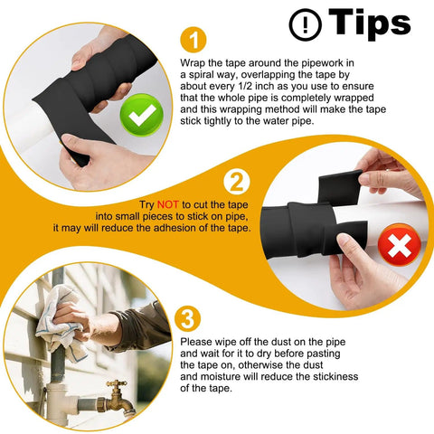Instructional image showing steps to apply Self Adhesive Pipe Insulation Tape For Outdoor Water Lines 2 Inch By 16.5 Ft Foam Wrap.