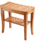 Dope Bamboo Shower Bench Spa Stool With 2 Tier Wood Seat And Storage Shelf, Non Slip Feet, shown in natural finish