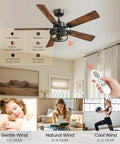 Dope Farmhouse Style 42 Inch Ceiling Fan With Lights And Remote, 6 Speeds, Walnut and Black, in bedroom setting with remote