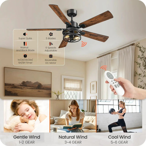 Dope Farmhouse Style 42 Inch Ceiling Fan With Lights And Remote, 6 Speeds, Walnut and Black, in bedroom setting with remote