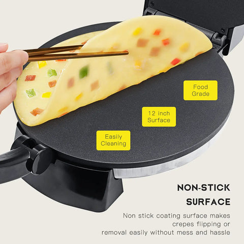 Ultimate 2000W Electric Roti Maker Press With Adjustable Temp Control And Led Indicator showing a 12-inch non-stick surface cooking an omelet.