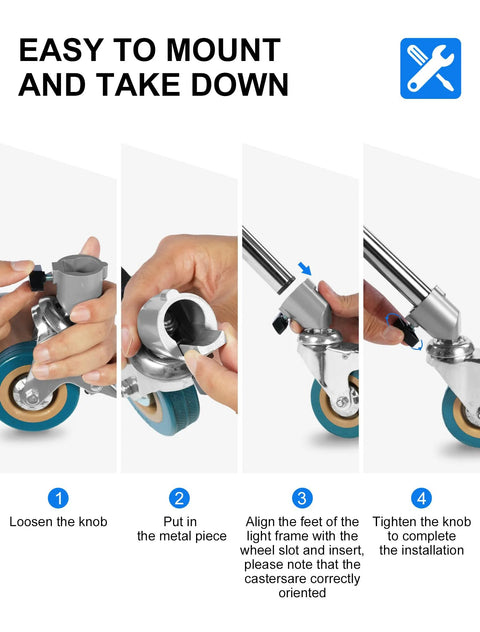 Installation steps for the Professional Light Stand Wheels Set 0.9 Inch 22mm Diameter Swivel Casters with Rubber Wheels and Foot Brake Lock.