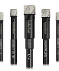 Five Piece Diamond Tile Drill Bit Set For Porcelain Ceramic Granite Marble And Glass With Round Shank Sizes One Quarter Inch, 5/16, 3/8, 1/2, 5-piece set displayed vertically
