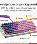 Top Tier 75 Percent Wireless Mechanical Gaming Keyboard With Badass Aluminum Frame showing customizable keycaps, badge, rotary knob, and coiled cable.