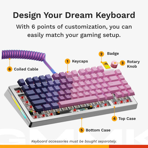 Top Tier 75 Percent Wireless Mechanical Gaming Keyboard With Badass Aluminum Frame showing customizable keycaps, badge, rotary knob, and coiled cable.