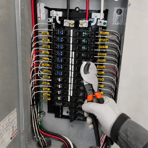 Heavy Duty 10 Inch Cable Cutters Featuring High Leverage Grip For Snipping 4/0 Aluminum And 2/0 Soft Copper Plus 100 Pair Com Cables shown in use inside an electrical panel.