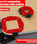 Aluminum 4 In 1 Rounded Corner Router Template Kit with edge guide on wooden surface showing red templates and bits.
