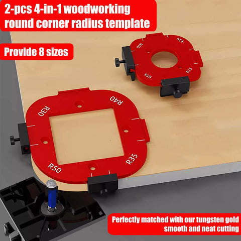 Aluminum 4 In 1 Rounded Corner Router Template Kit with edge guide on wooden surface showing red templates and bits.