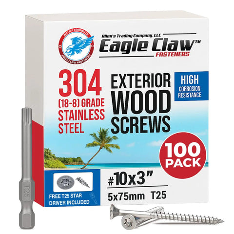 Box of Number Ten By Three Inch Stainless Steel Deck Screws 304 Grade 100 Pack with T25 Driver Bit visible
