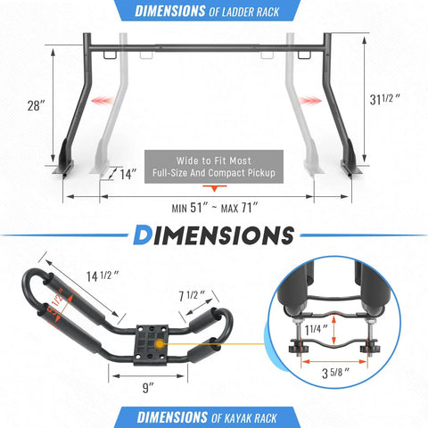 Dimensions of Heavy Duty Extending Steel Truck Bed Ladder Rack With Dual Kayak J Cradles And No Drill Z Clamps.