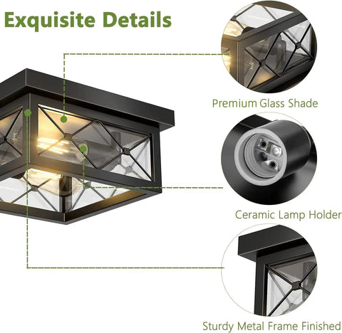 Farmhouse Dope 2 Light Ceiling Fixture In Black Flush Mount With Clear Glass Shade And Square Metal Cage details
